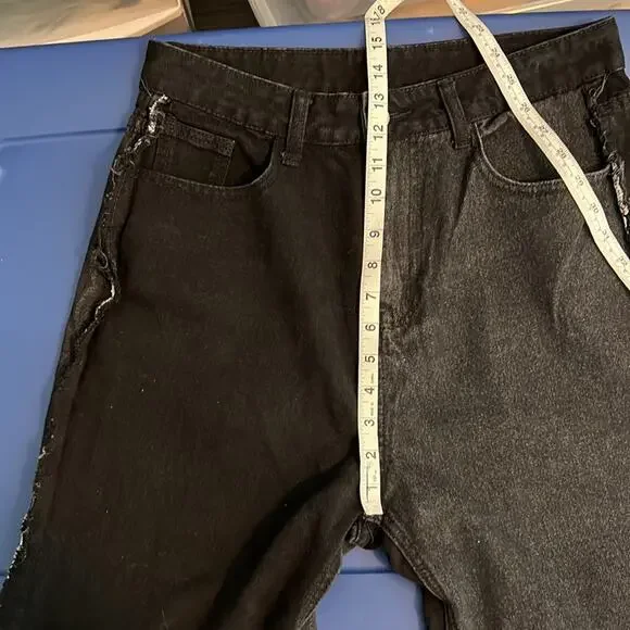 Shein 2 Tone Patch Distressed Black & Dark Denim Ultra High Rise Jeans - Picture 11 of 15